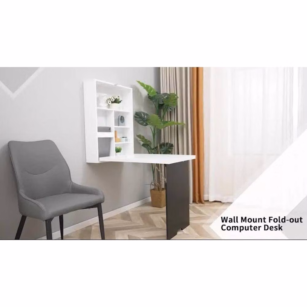 FORGEVIO Wall-Mounted Folding Drop-Leaf Writing Desk and Chalkboard Shelf in White, W/D/H: 147 x 60 x 147 cm – 5