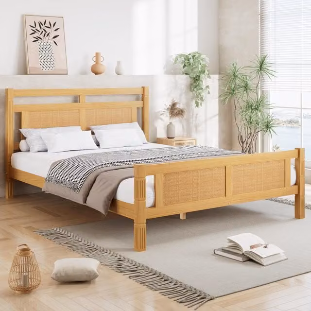 Aosom UK 4ft6 Double Bed with Natural Timber Finish and MDF Back Panel, Brown Upholstered Bed with Plywood Slats, W/D/H: 142 x 199 x 98 cm