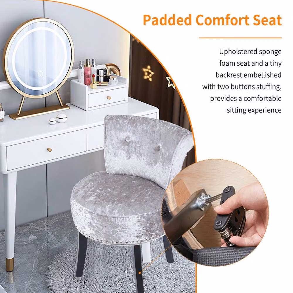 KORVIXA Tufted Upholstered Vanity Stool in Grey – 3