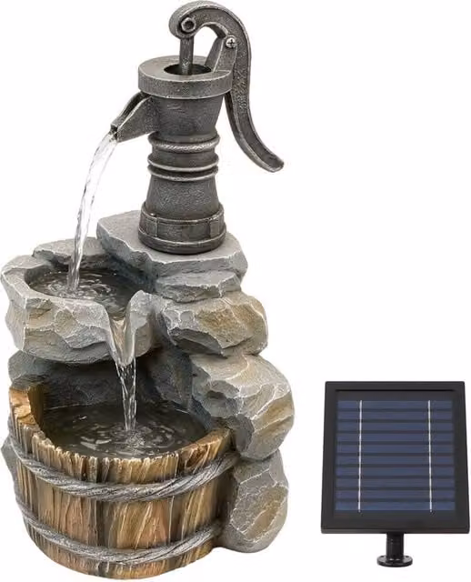 Gardenwize Solar Hand Pump Well Water Feature with Battery Back Up in Grey – 1