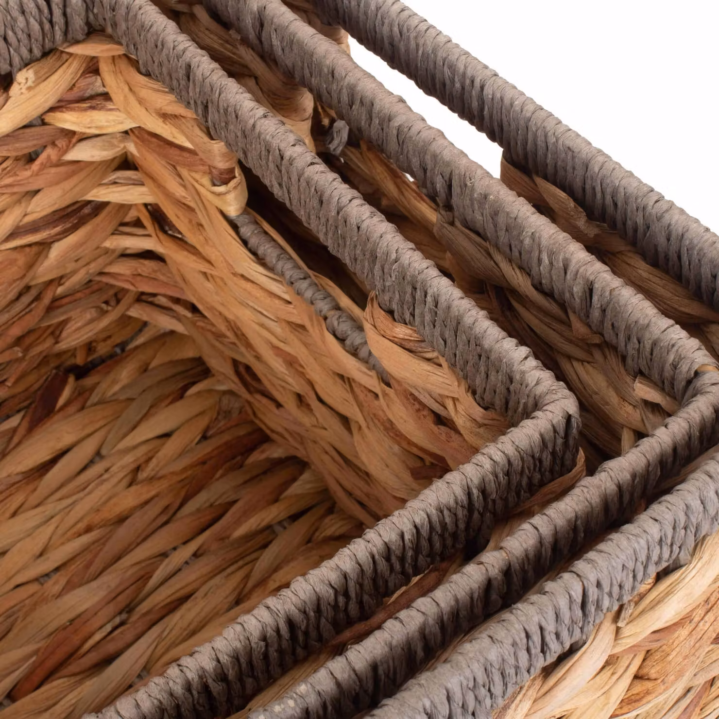 Red Hamper Set of 3 Brown Water Hyacinth Rectangular Storage Baskets with Grey Rope Border, Width: 24 cm – 2