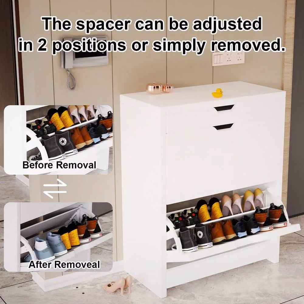 KORVIXA Modern White Wooden Shoe Cabinet with 2 Tilting Doors and Internal Shelves, W/D/H: 100 x 23.5 x 102.5 cm – 4