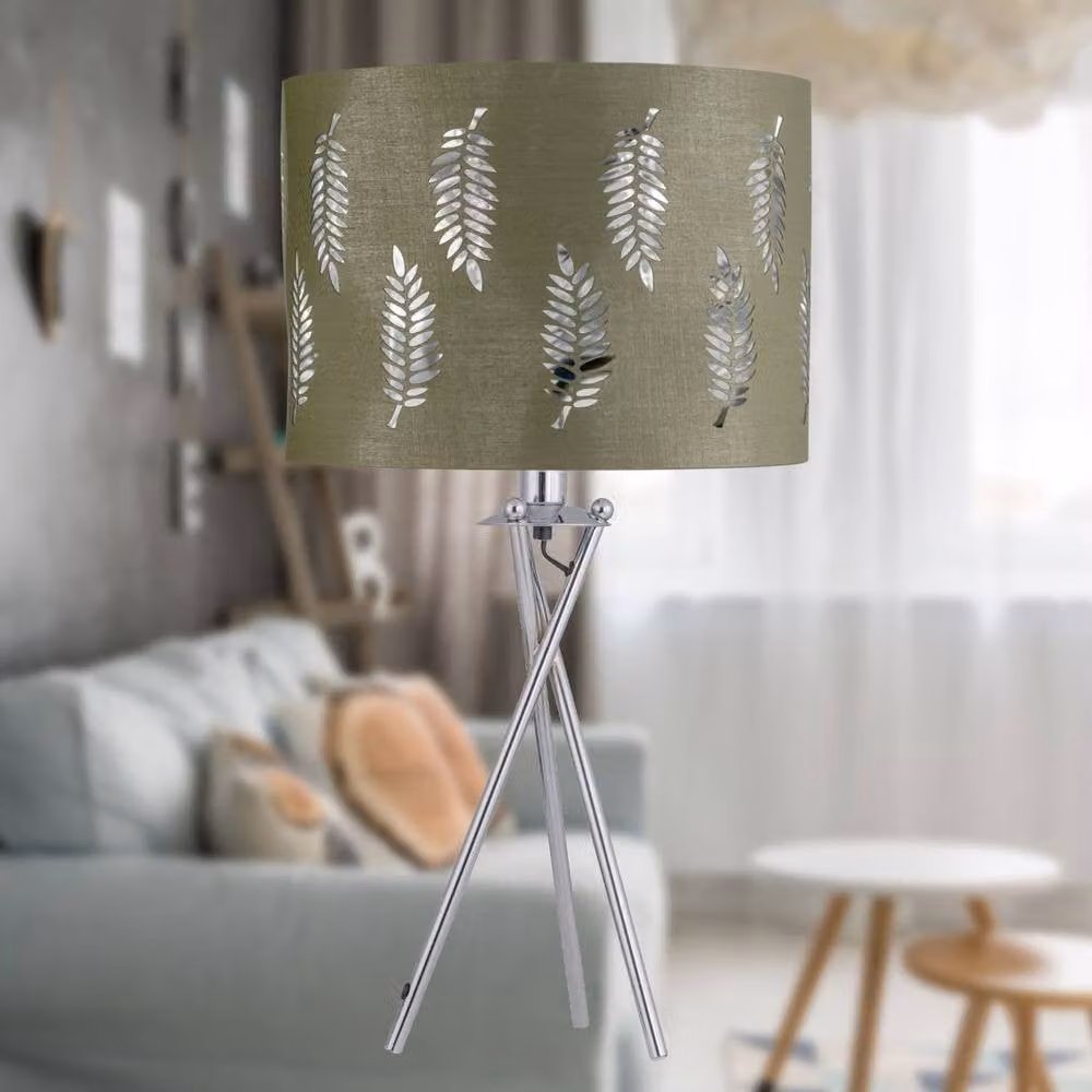 First Choice Lighting Chrome Tripod Table Lamp with Sage Green Fern Cut Out Fabric Shade – 2