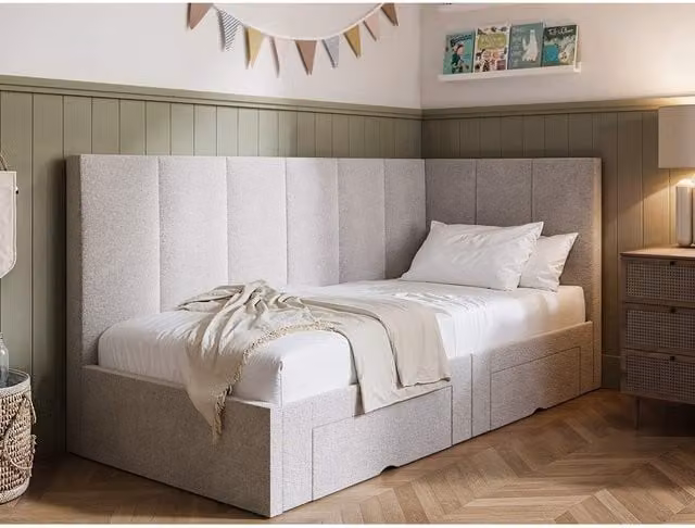 Flair Harley Upholstered Fabric Corner Bed Frame with Storage Drawers in Beige, W/D/H: 90 x 200 cm – 1