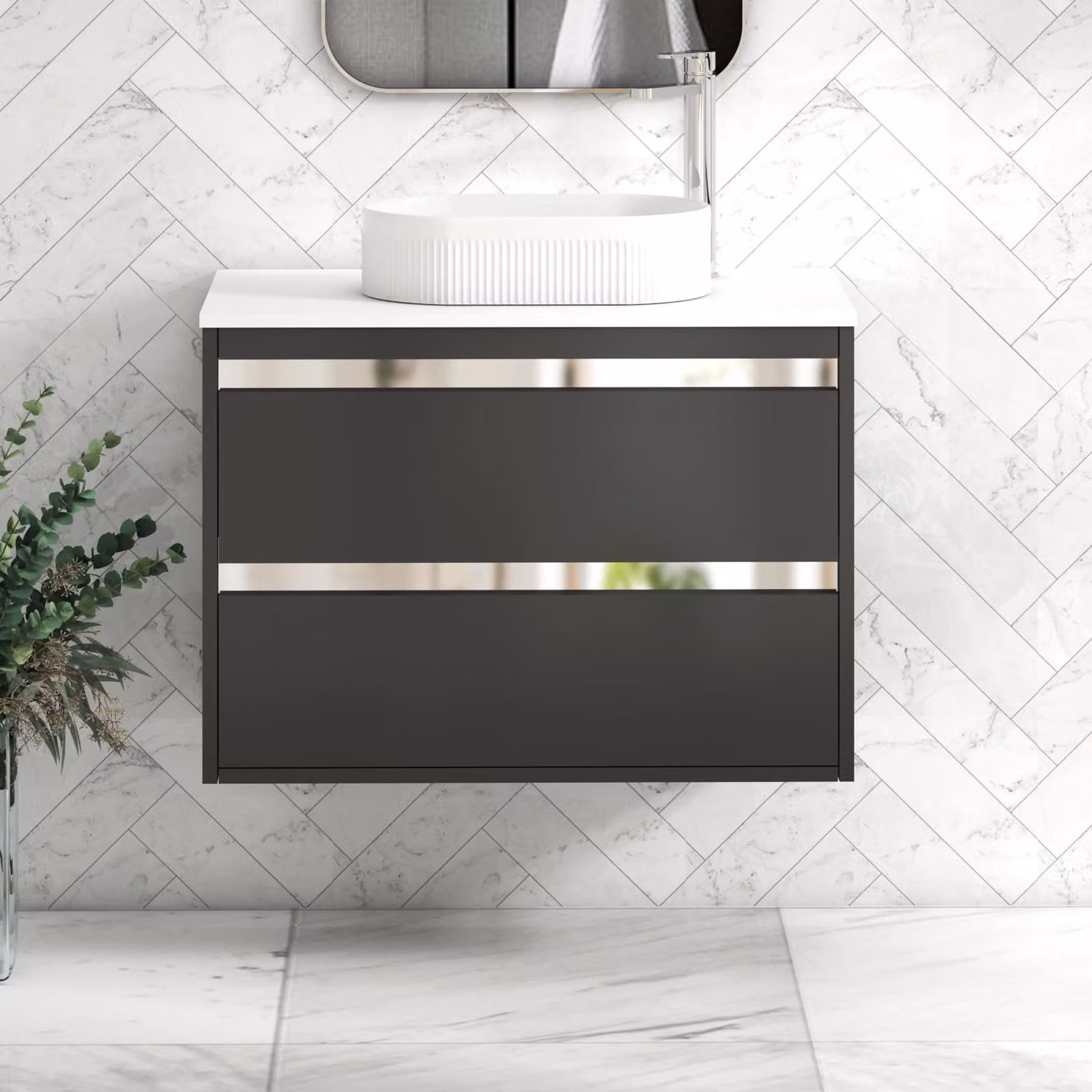 Royal Bathrooms Orion 800mm Wall Hung Vanity Unit in Matt Obsidian Black with White Lyon Basin and Chrome Accent Trim