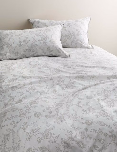 M&S Cotton Rich Trailing Floral Duvet Cover Set, Grey and White, 180 x 200 cm