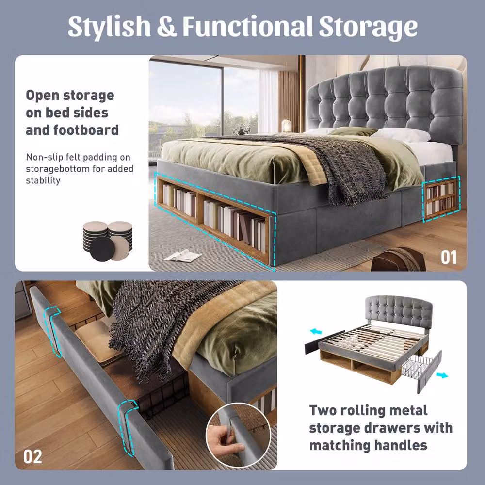 Merax King Size Velvet Upholstered Storage Bed with Adjustable Headboard in Grey, W/D/H: 150 x 200 x 110 cm – 4