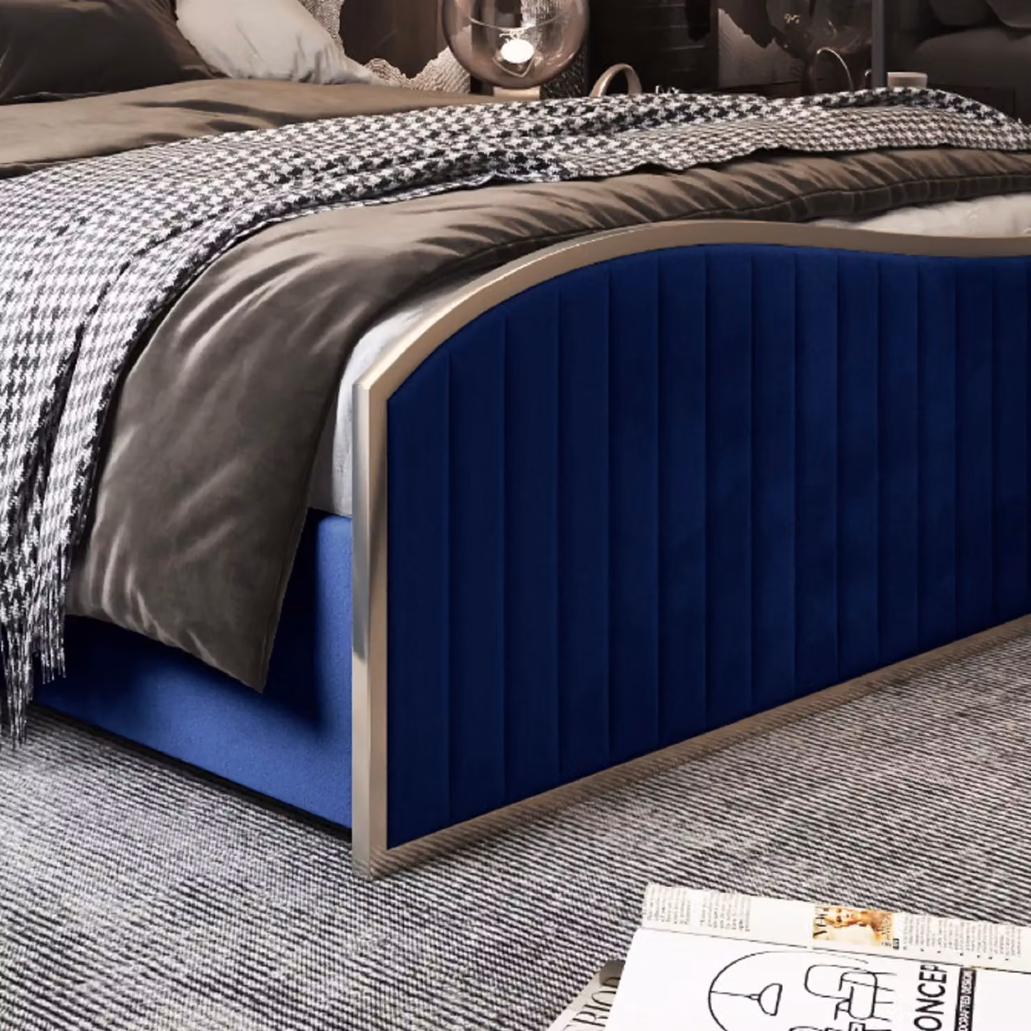 KDMD Darlington Blue Velvet and Metal Upholstered Designer Bed Frame, W/D/H: 120 x 200 x 137 cm – 4