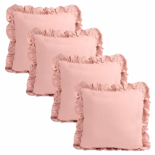 Highams Pack of 4 Faux Linen Frill Cushion Covers, Pink, W/D/H: 45 x 45 x 45 cm