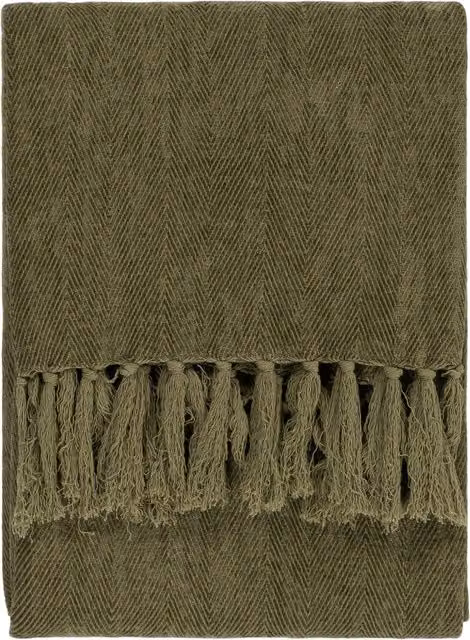 Harri Herringbone Woven Fringed Throw in Green Lichen