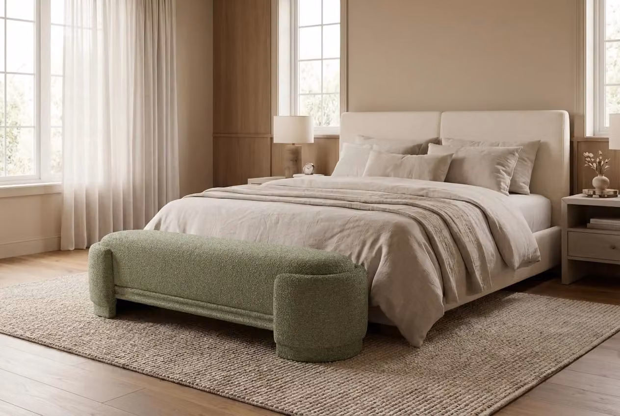 Araco Atelier Luma Bench in Laurel Green Bouclé