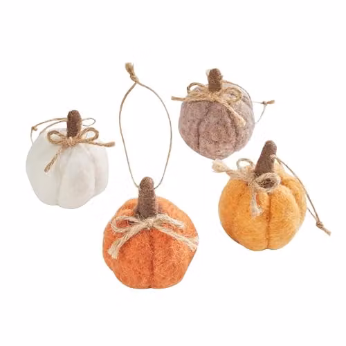 Lights4fun Set of 4 Mini Felt Wool Hanging Pumpkin Decorations in Orange, White, Brown and Multicolour – 2