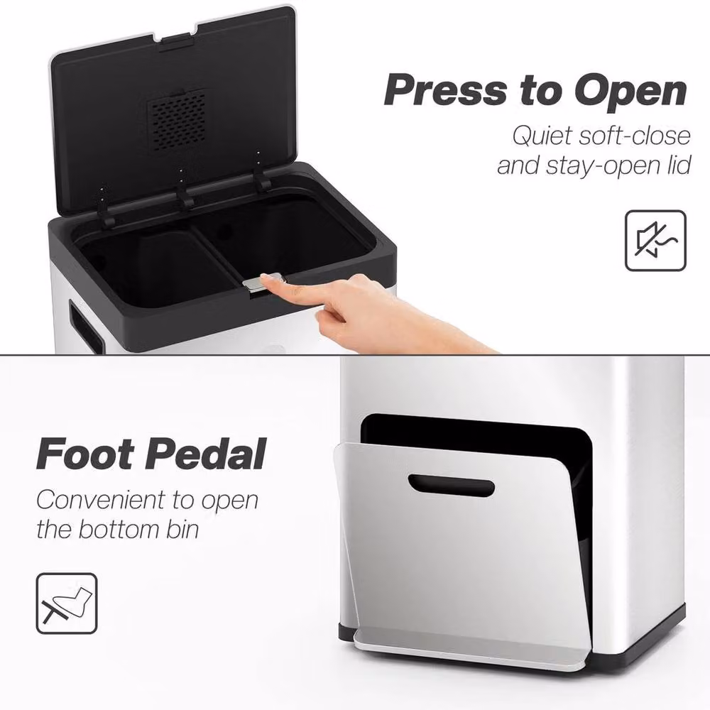 NESTLUNE 3 Compartment Stainless Steel Pedal Kitchen Bin with Odour Filter, Silver, 56L, W: 100 cm, D: 15 cm, H: 15 cm – 4