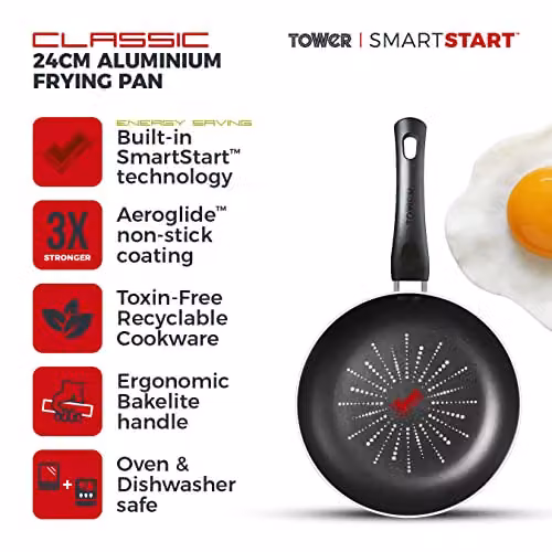 Tower SmartStart Classic Aluminium Non-Stick Frying Pan, Black, Diameter: 24 cm – 5