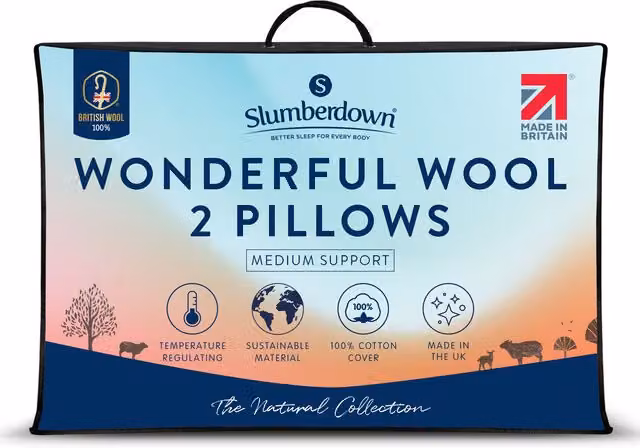 Slumberdown 2 Pack Medium Support New Wool Pillows in White, W: 74 cm, H: 48 cm – 7