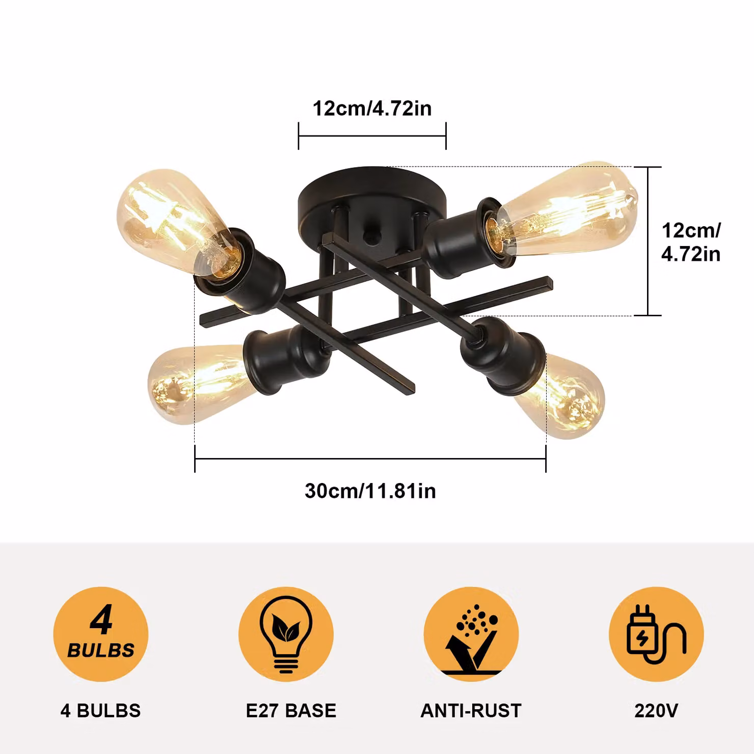 Pheashine Industrial Black Metal Ceiling Light with E27 Glass Shade for Hallway, Dining Room or Living Room – 6