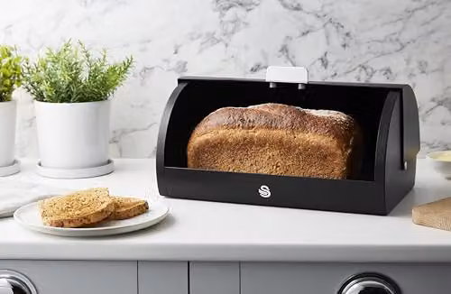 SWAN Serenity Black Bread Bin with Ventilation and Roll Top Lid (14 L) and Set of 3 Airtight Kitchen Storage Canisters (1.3 L) – 2