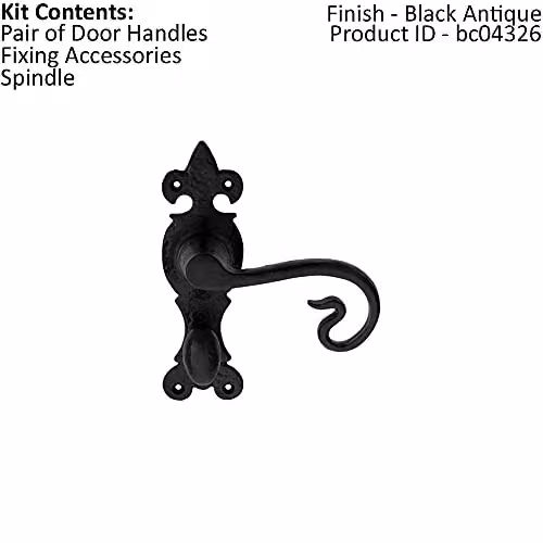 Loops Pair Forged Curled Lever Bathroom Handles on Backplate, Black Antique, W: 16.7 cm, H: 5.1 cm – 2
