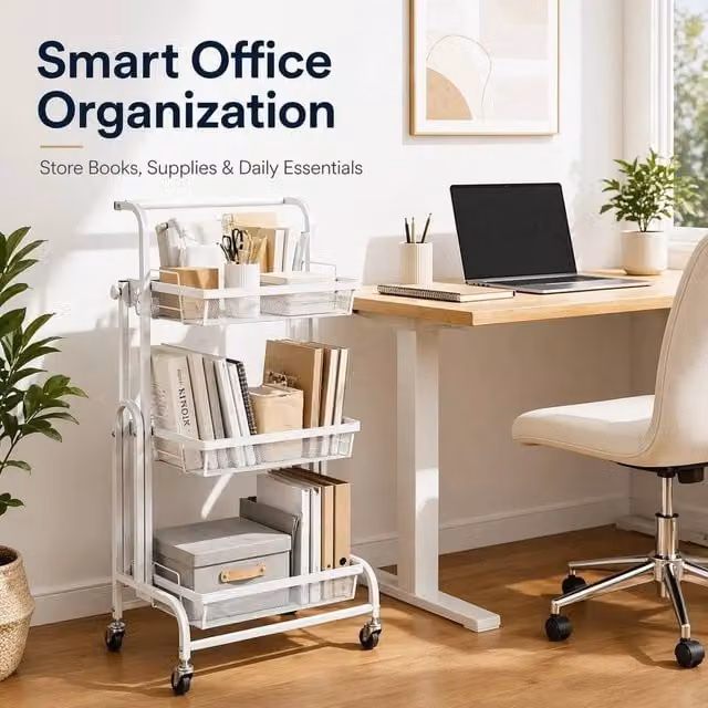 EONLION 3 Tier Rolling Utility Cart in White with Adjustable Metal Shelves