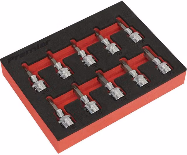 Loops 10pc TRX Star Socket Bit Set 3/8 inch Square Drive, T10 to T50, 50mm Long Shaft, Chrome Vanadium Steel