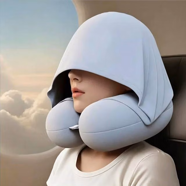Quipulse Blue U-Shaped Memory Foam Travel Neck Pillow with Hooded Light Blocking and Cooling Silk Fabric