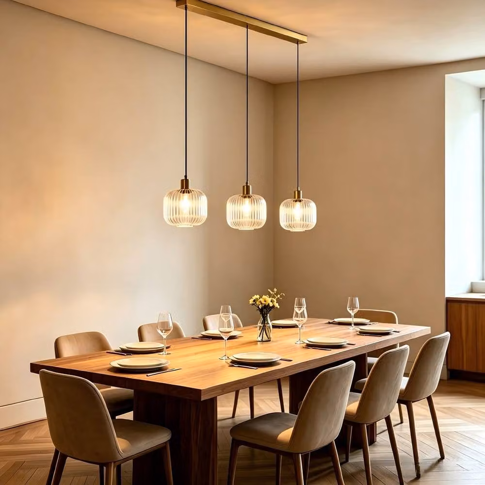 Goeco Gold Linear Pendant Light with Transparent Ribbed Glass and Metal Construction, Height Adjustable – 3