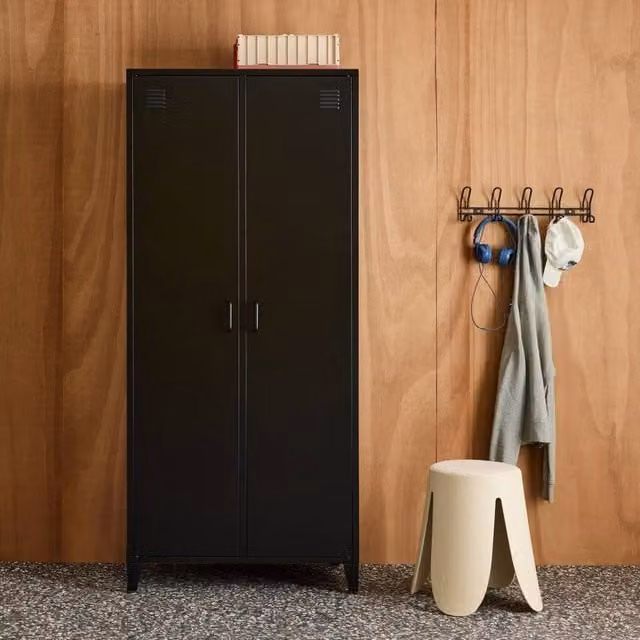sweeek Industrial Metal Wardrobe with 2 Hinged Doors and 4 Shelves in Matt Black – 1