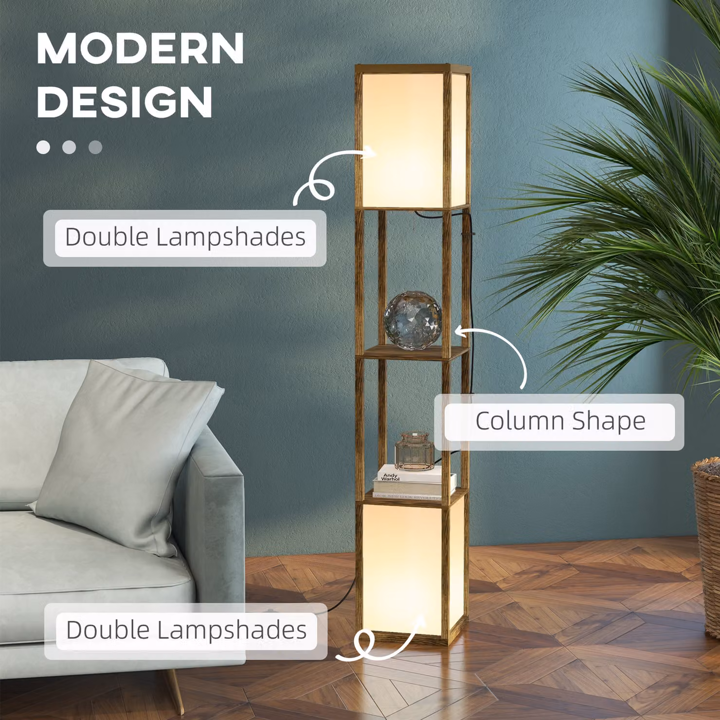 HOMCOM Modern Brown Floor Lamp with Dual Ambient Light and Shelf, Height: 156 cm – 4
