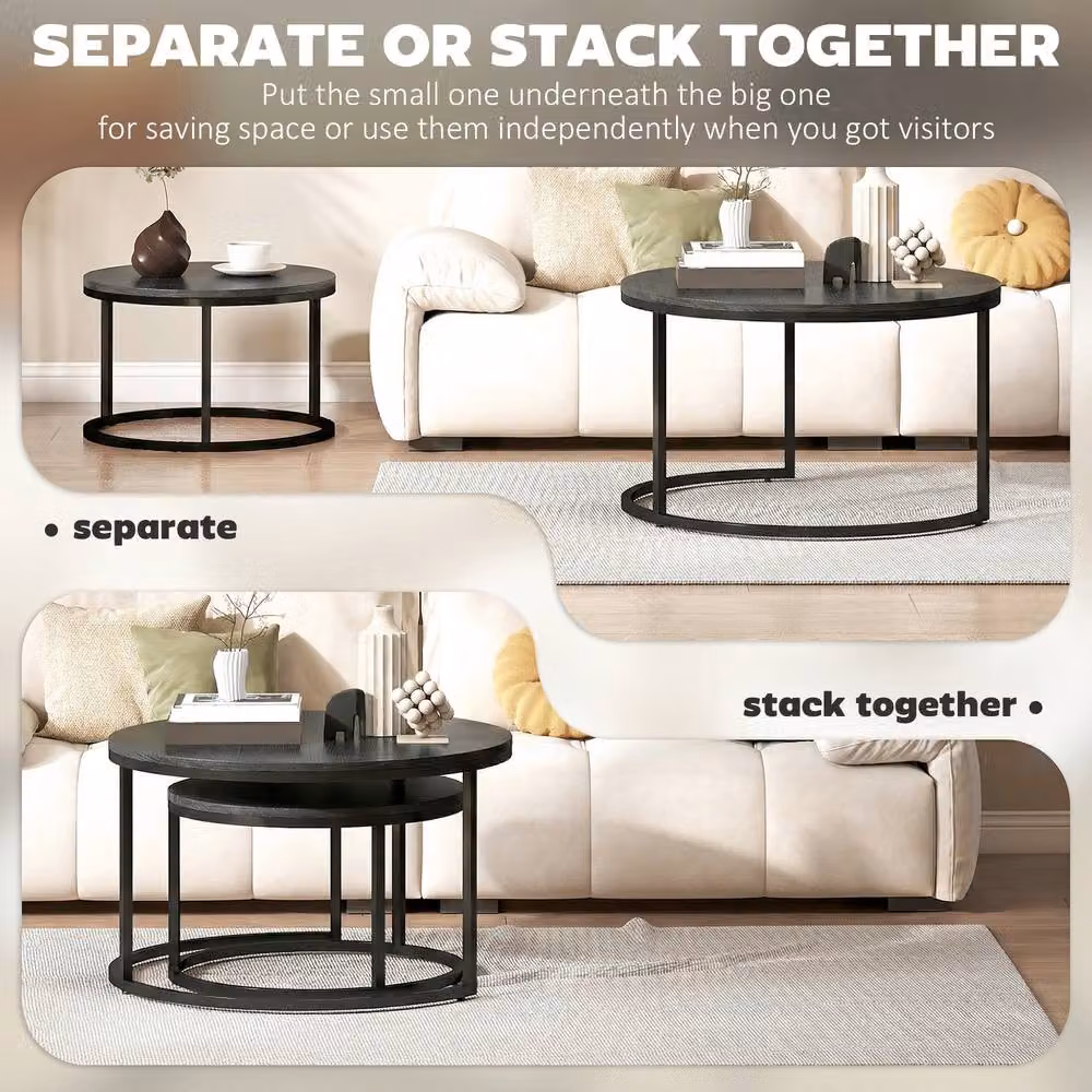 STILVORA Set of 2 Round Nesting Coffee Tables with Black Steel Frame and MDF Tops – 7