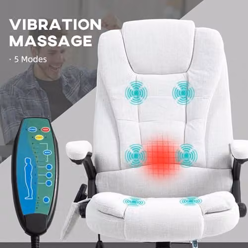 Vinsetto Executive Massage Office Chair in White Linen Fabric with Lumbar Heating and Armrests, W/D/H: 74 x 74 x 120 cm – 3