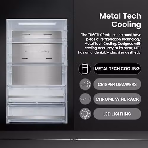 Teknix TH60TLX 60cm Freestanding Tall Larder Fridge in Silver, 370L Capacity, Stainless Steel, H185.5 x W59.5 x D65.1 cm – 3