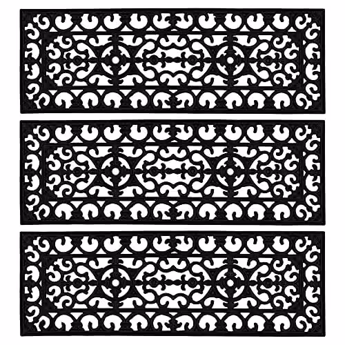 JVL Lexi Wrought Iron Effect Rubber Step Mat, Black, Set of 3, W: 75 cm, D: 25 cm