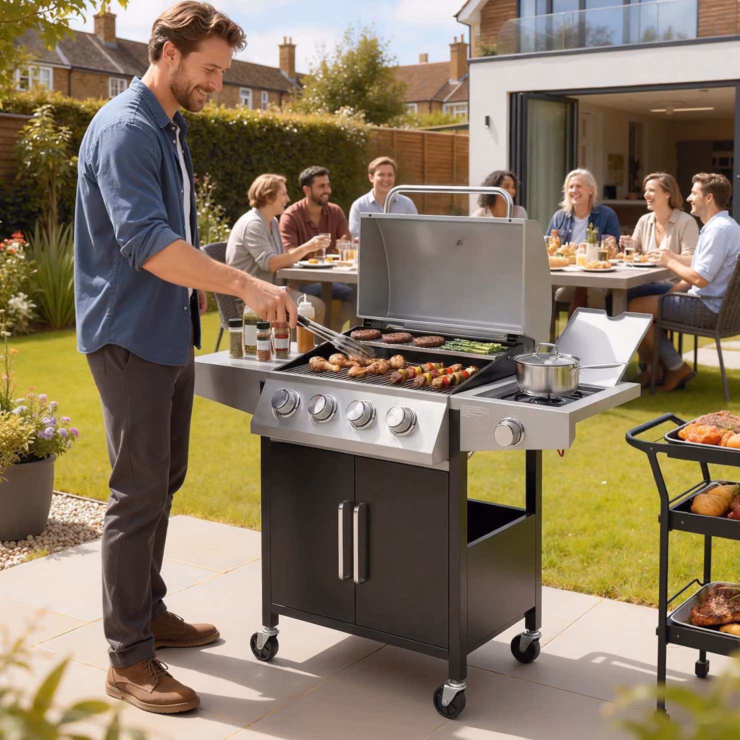 Outsunny 4+1 Burner Propane Gas BBQ Grill with Side Burner, 50000 BTU Steel Portable Barbecue with Built-in Thermometer, Warming Rack and Wheels – 2