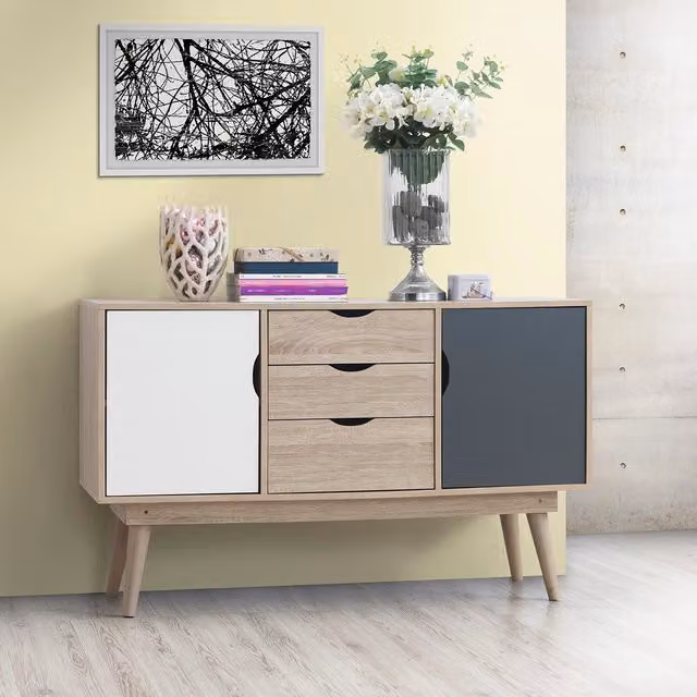 Alford Scandinavian Style Sideboard in Oak, Grey and White