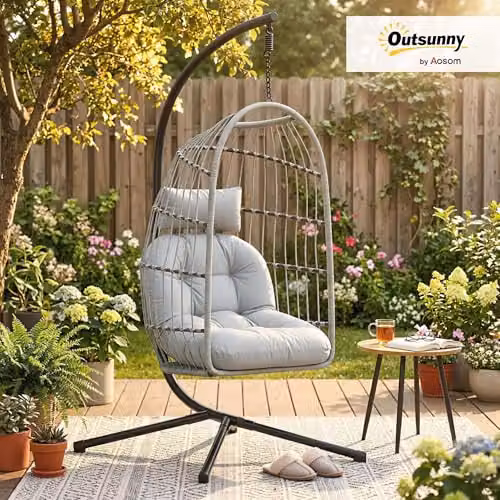 Outsunny Modern Hanging Egg Lounge Chair with Stand and Cushions, Grey – 2