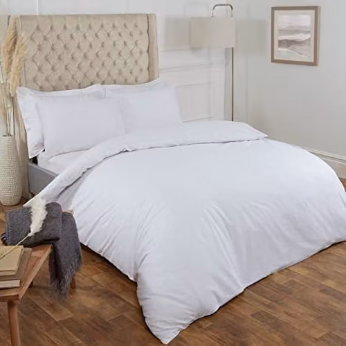 Highams 200 Thread Count 100% Cotton Double Duvet Cover and Pillowcase Set, White, W/D/H: 200 x 200 cm, Pillowcase: 50 x 75 cm – 1