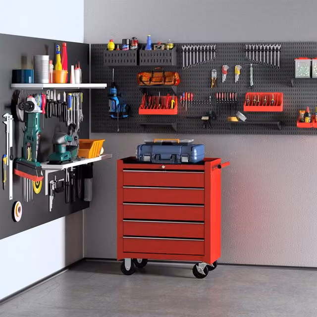 HOMCOM 5 Drawer Lockable Steel Tool Trolley on Wheels, Red