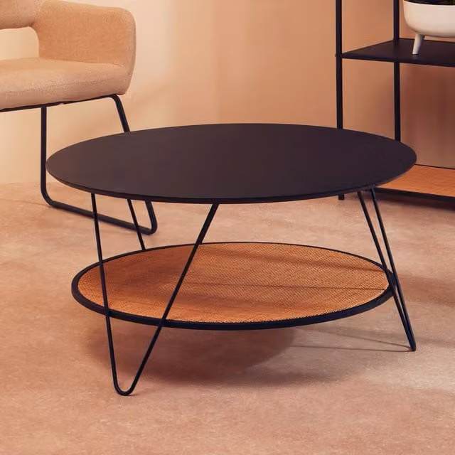 Orsina Round Industrial Coffee Table with Metal Top and Hairpin Legs in Black – 2
