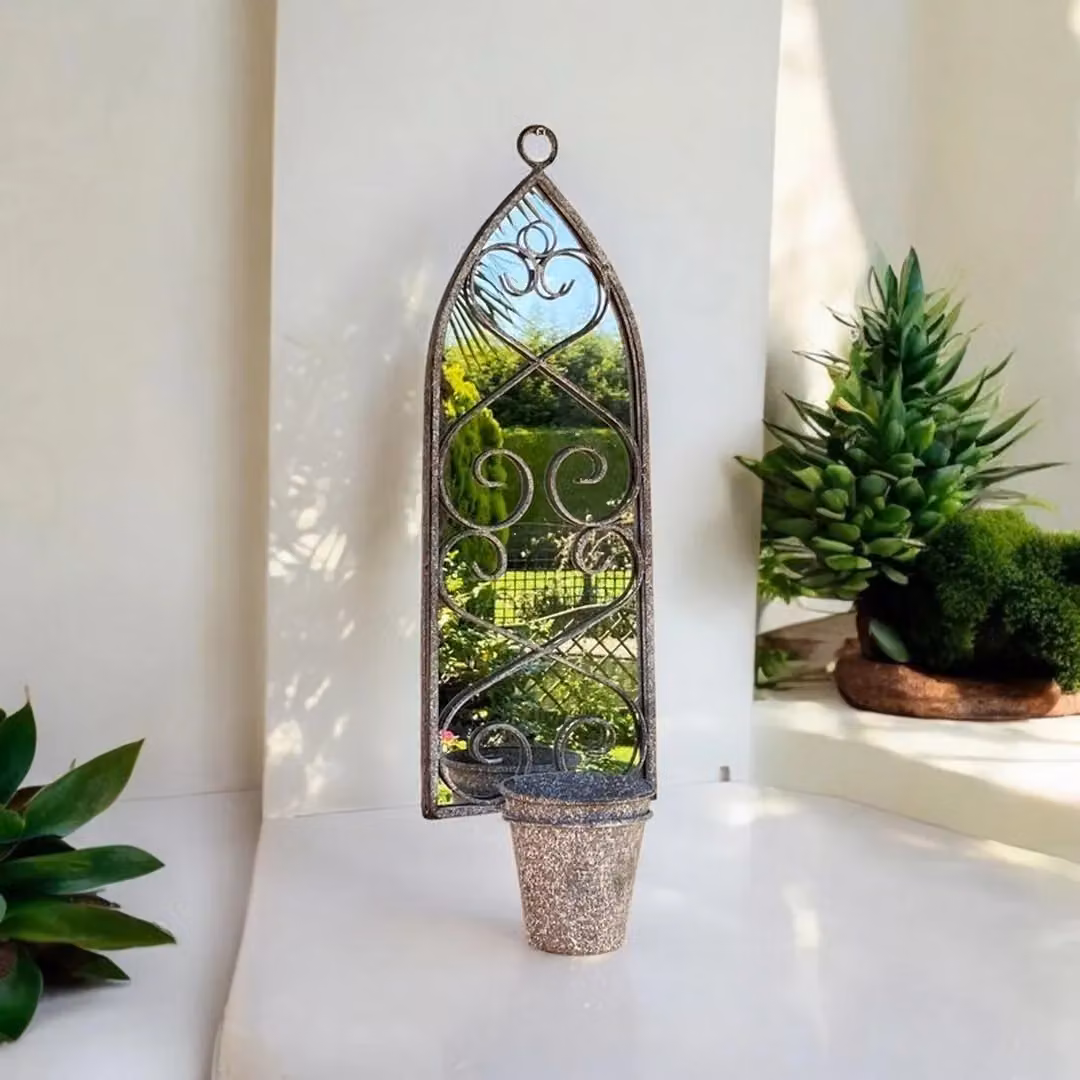 Minster Rusty Wall Mirror with Single Planter in Grey Distressed Metal, W: 20 cm, D: 15 cm, H: 65 cm – 2