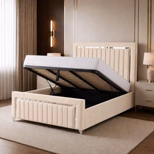 Living Comfort Bedz Zurich Plush Velvet Super King Gas Lift Storage Bed in Cream with Silver Trim Detailing