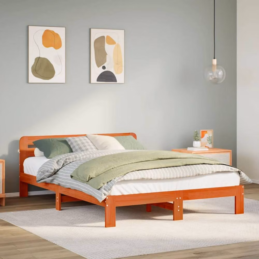 Berkfield Home Double Solid Wood Pine Bed Frame in Wax Brown, W/D/H: 135 x 190 x 27 cm – 2