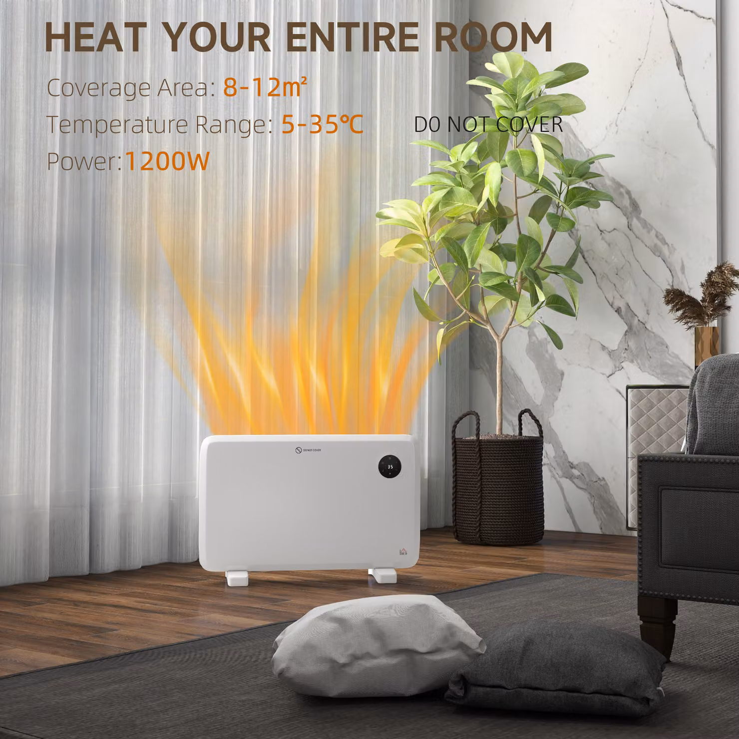 HOMCOM 1200W Electric Convector Space Heater, White, Freestanding or Wall Mounted with Adjustable Thermostat, Timer and Remote Control – 3