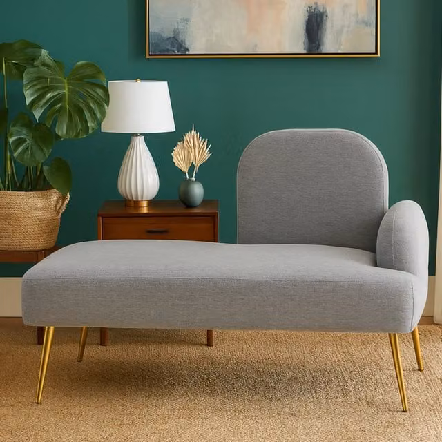 Orsina Left Arm Grey Upholstered Chaise Longue with Gold Metal Frame