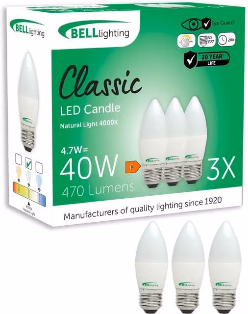 British Light Works E27 Dimmable LED Filament Candle Bulbs, 4.7W, White