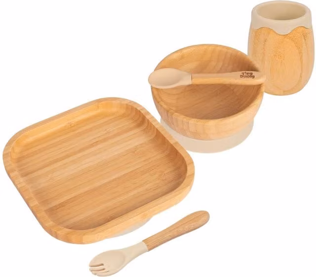 Tiny Dining 5pc Bamboo and Silicone Square Baby Weaning Set in Beige and Yellow