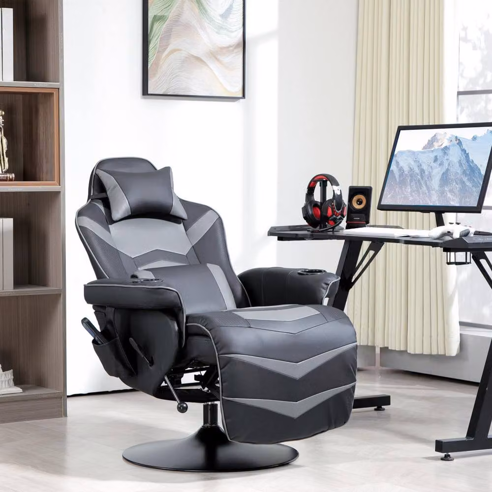 STILVORA Grey Synthetic Leather Massage Recliner Armchair with 360 Degree Swivel Base and Cup Holders – 2