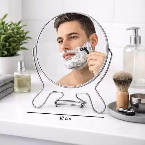 Premier Housewares Silver Effect Round 2-Sided Tabletop Shaving Mirror with Metal Stand – 2