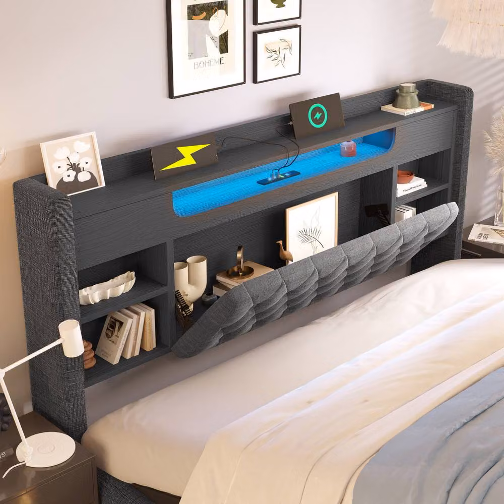 BTM Grey Upholstered King Size Ottoman Bed Frame with LED Lighting and USB Charging Ports – 7