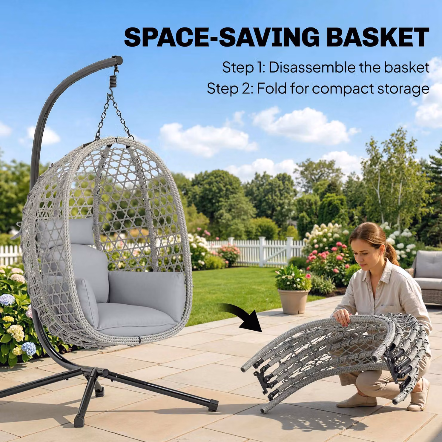 Outsunny Hanging Egg Chair with Stand, Light Grey Rattan Hammock Swing Chair with UV-Resistant Cushions for Indoor and Outdoor Use – 4
