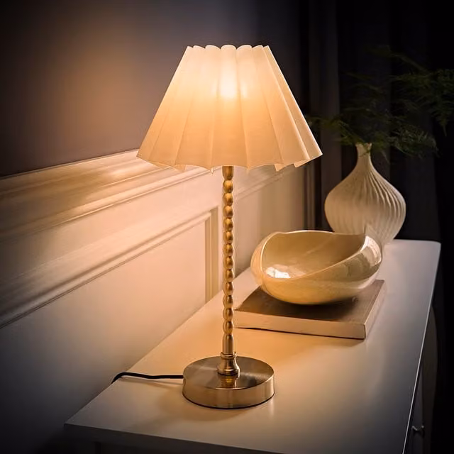 Maeve Brushed Chrome Bobble Table Lamp with White Pleated Tapered Fabric Shade and LED Bulb